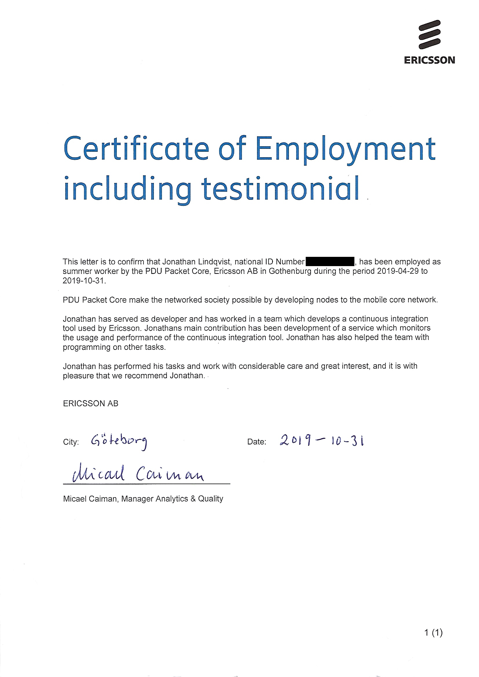 Ercisson certificate of employment